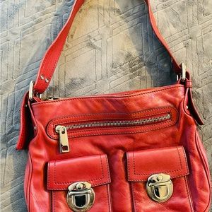 Marc Jacobs medium sized red leather shoulder bag with tons of fun pockets